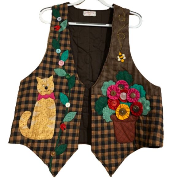 Jackets & Blazers - Women’s Handmade Multi Cat & Flower Plants Holiday/Christmas Plaid Vest Size- XL